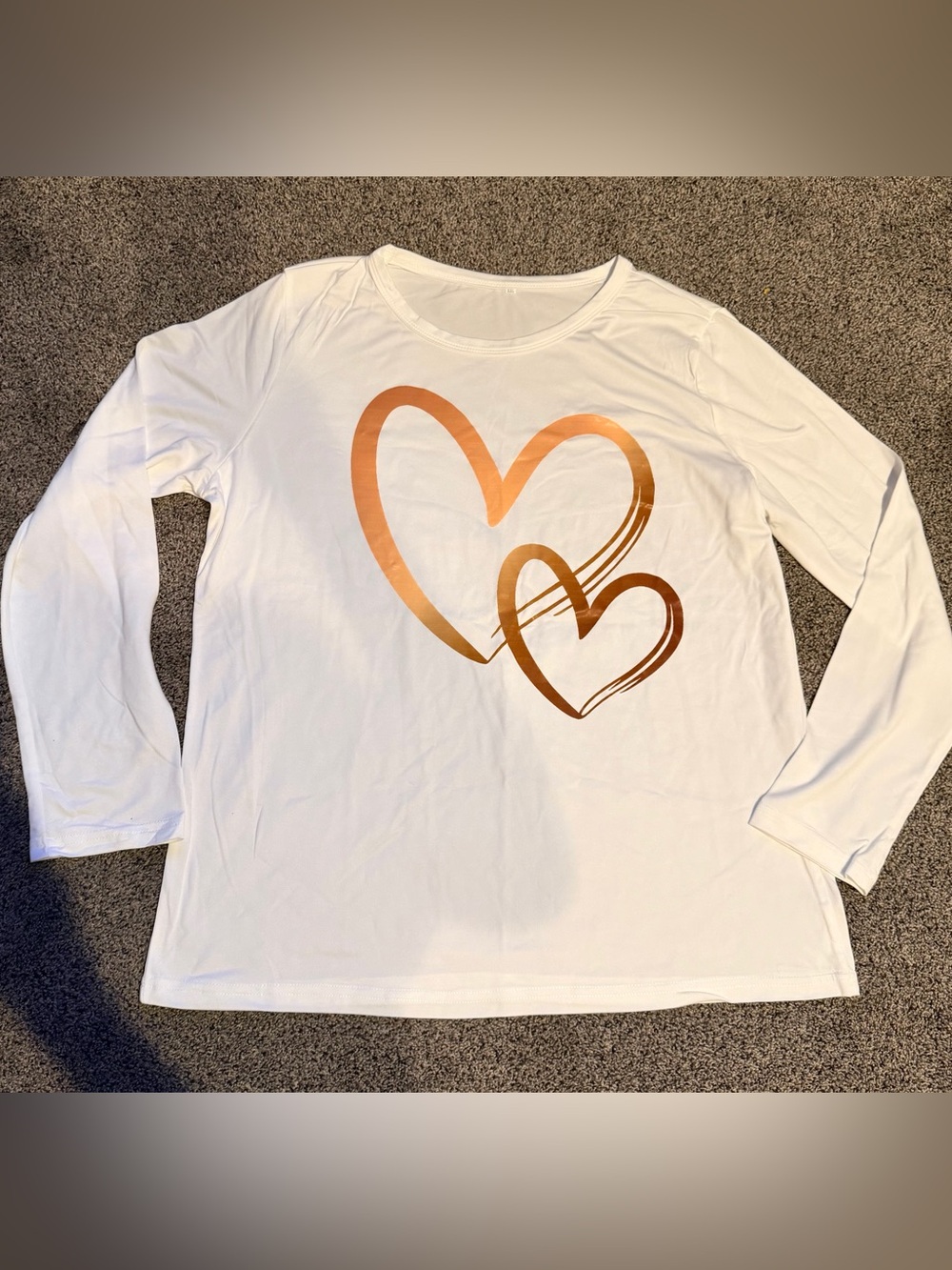 White Long Sleeve Tee with Metallic Bronze Heart Design